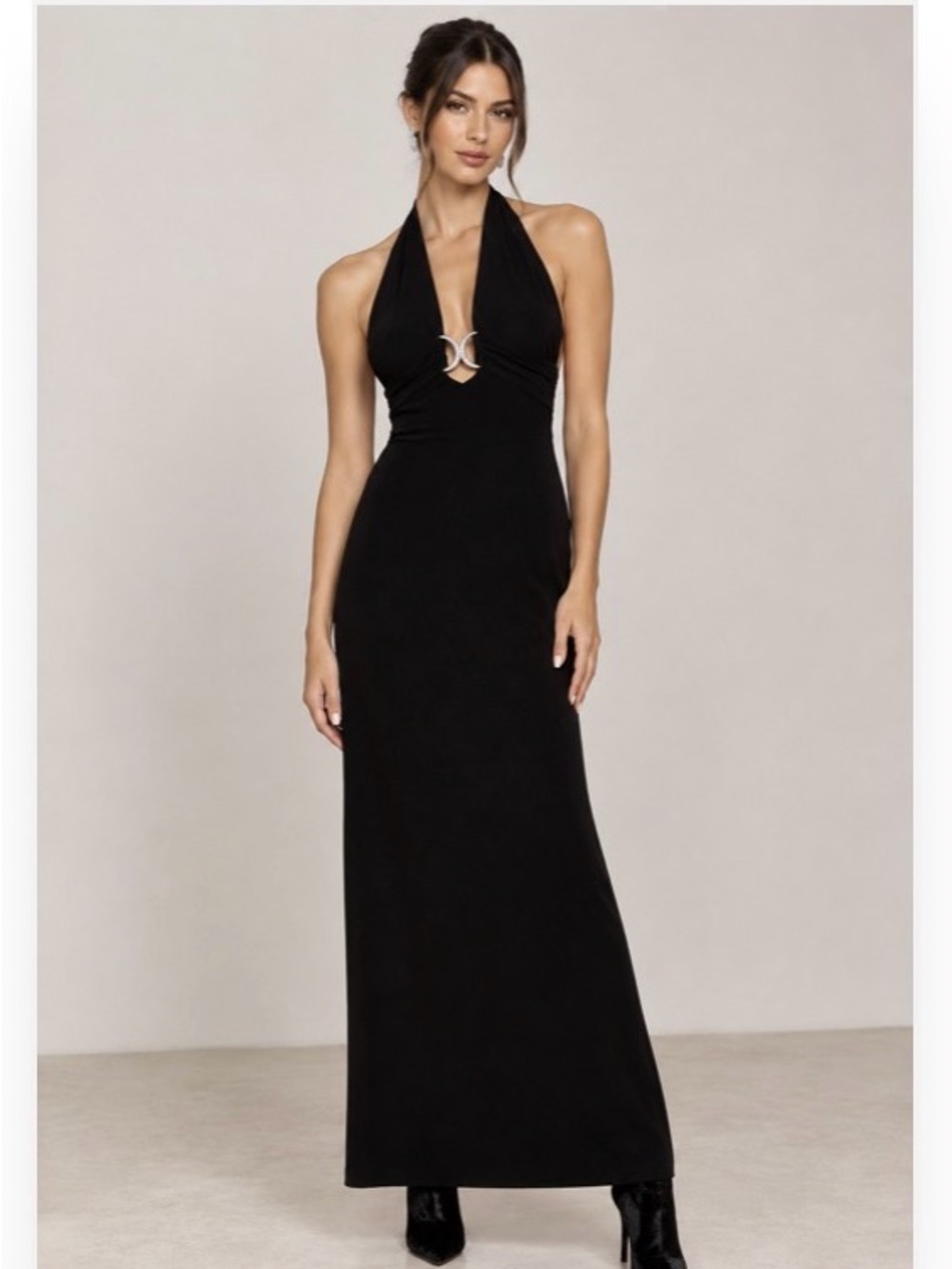 Betsy & Adam halter designer maxi dress low cut openback black linda Bernel 12P